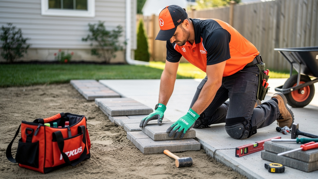 Contractor laying paver stones for a NJ backyard walkway