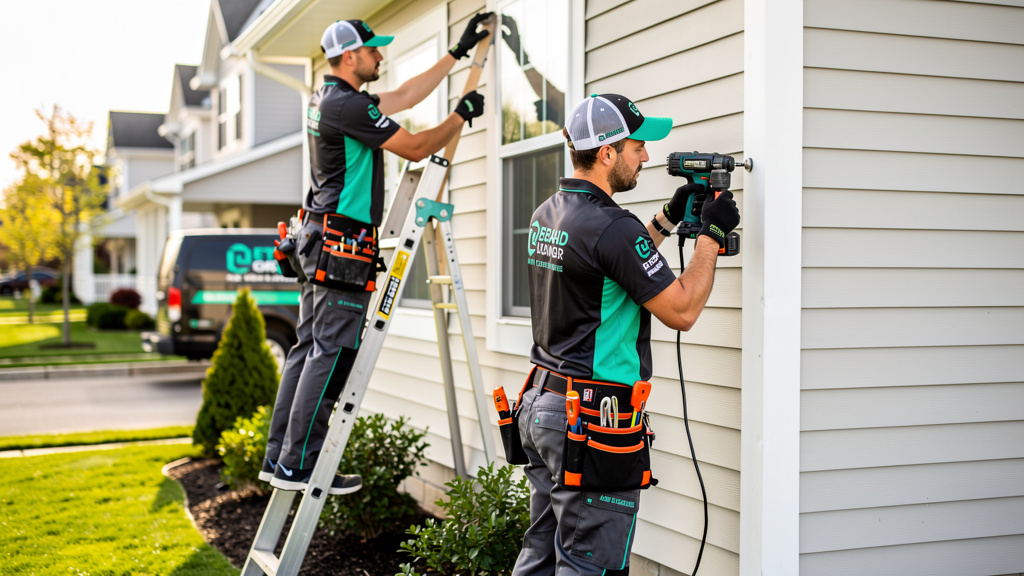 Professional handyman team working on exterior repairs at a NJ home