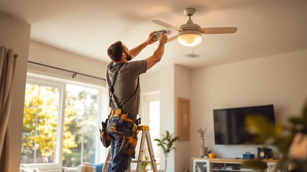Licensed electrician installing a ceiling fan in an Ocean Township NJ home