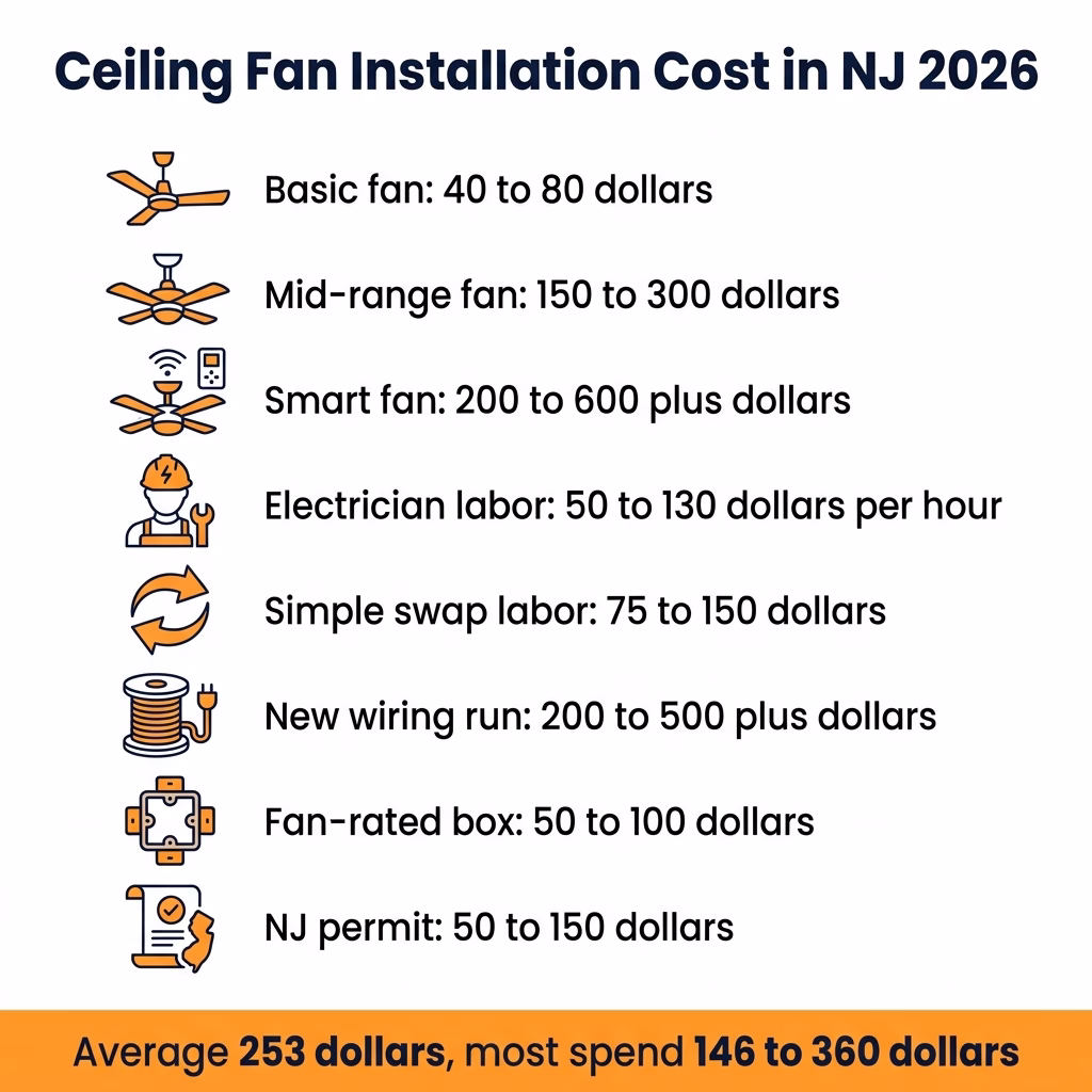 Ceiling fan installation cost breakdown infographic for NJ 2026