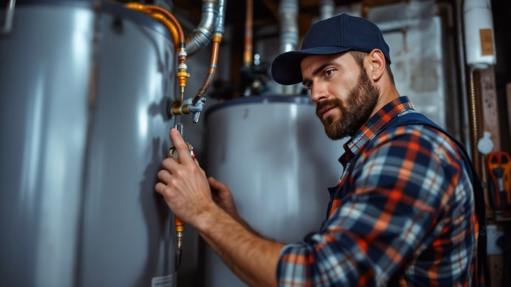Plumber inspecting a residential water heater in an Ocean Township NJ home