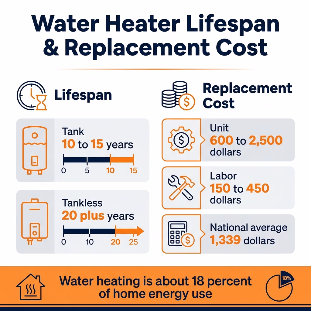 Water heater lifespan and replacement cost infographic