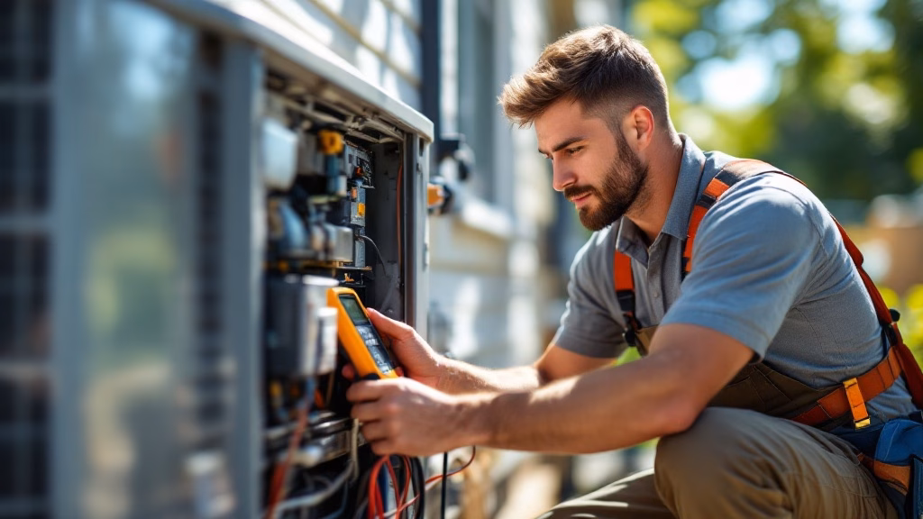 HVAC technician servicing an outdoor AC condenser unit at a New Jersey home