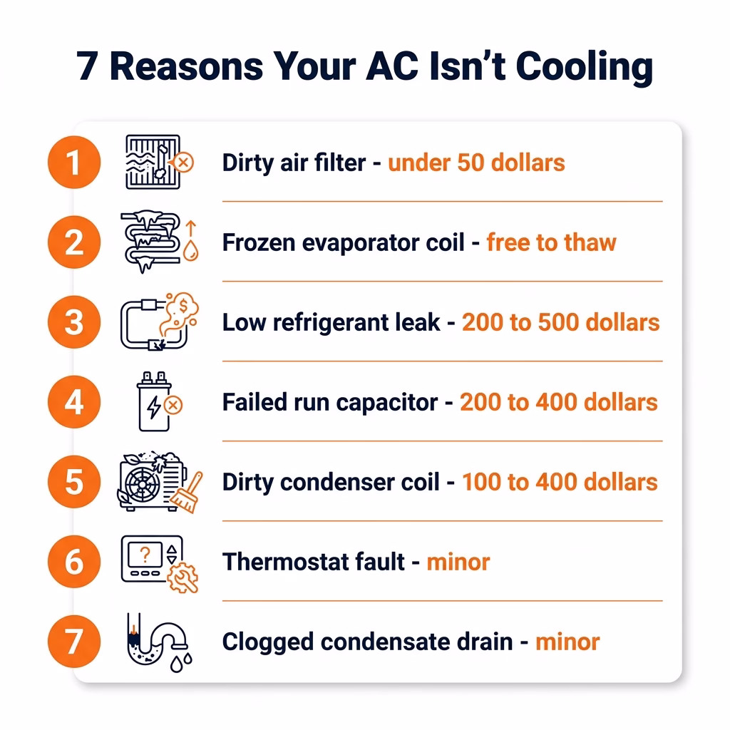 7 reasons your AC isn't cooling infographic with repair costs