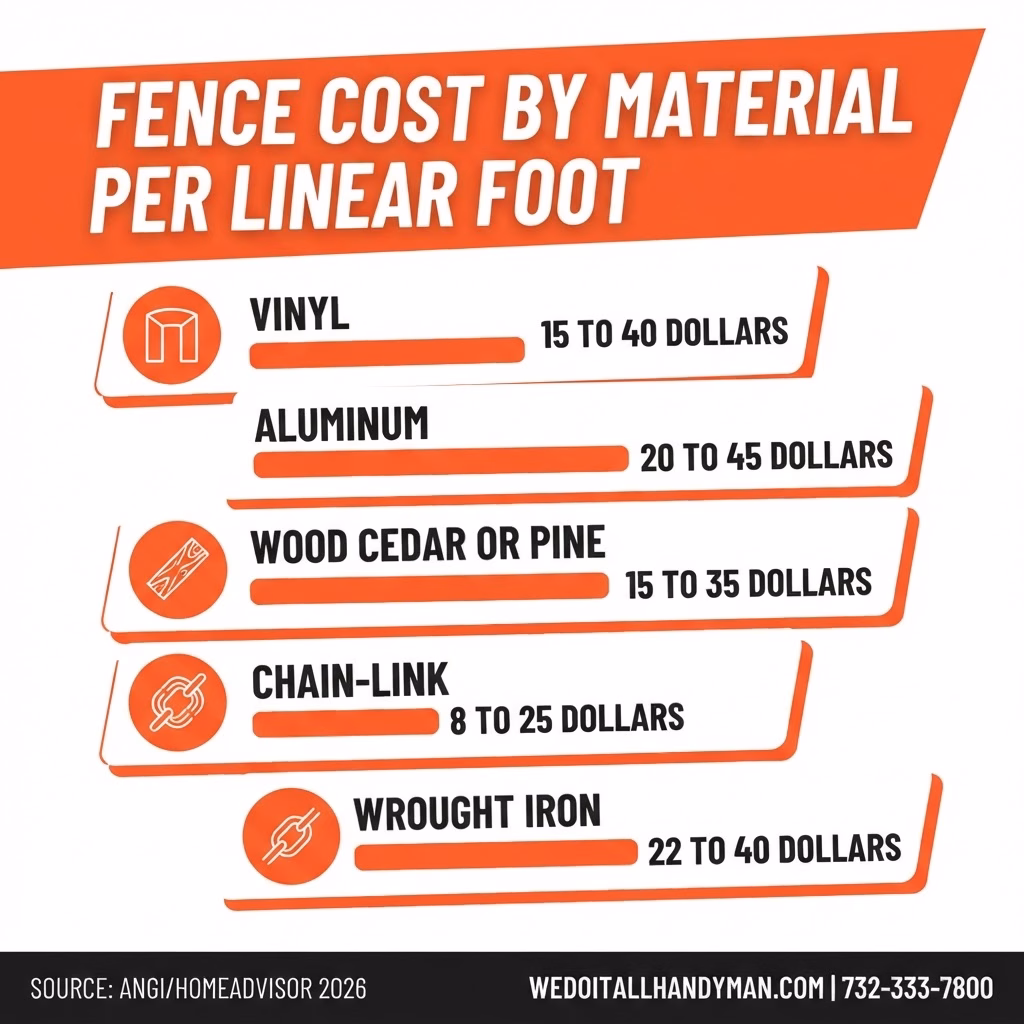 Fence cost by material per linear foot infographic for Monmouth County NJ