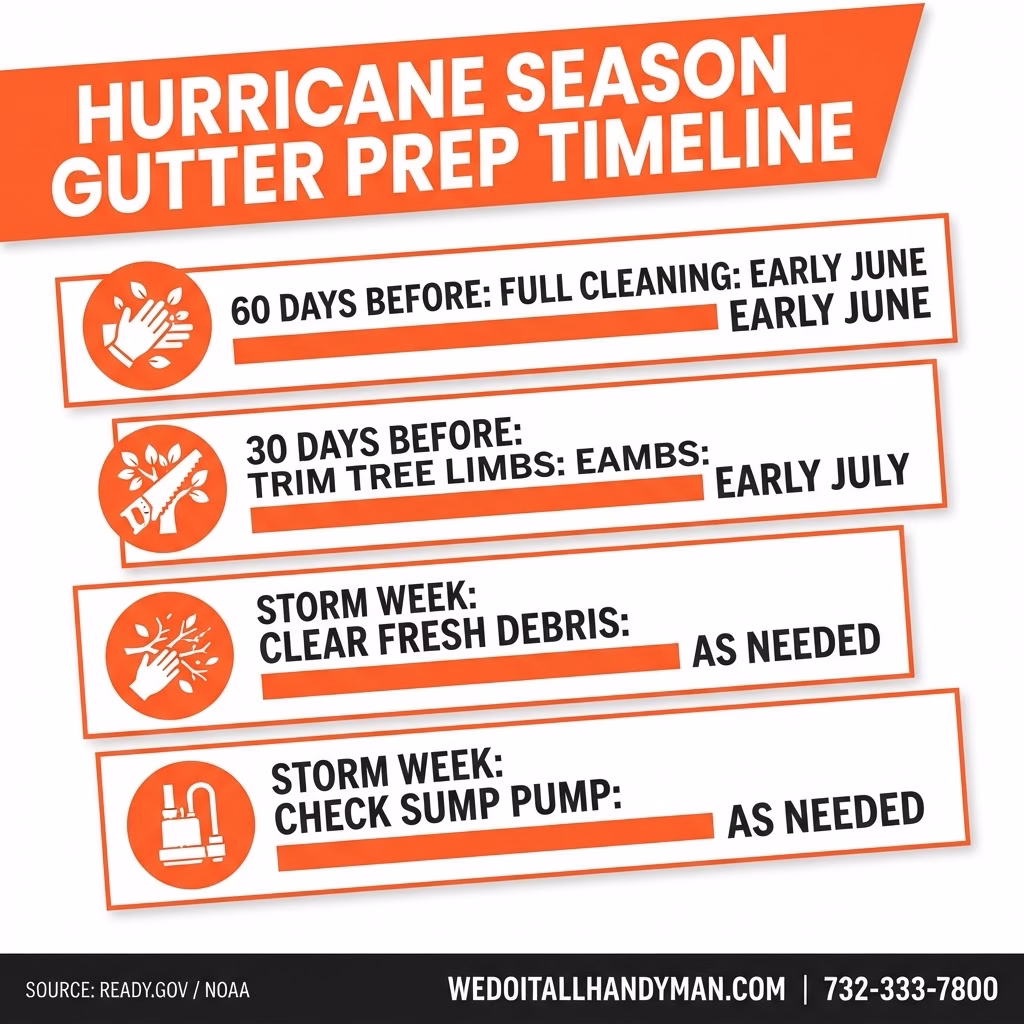 Hurricane season gutter prep timeline infographic for NJ homeowners