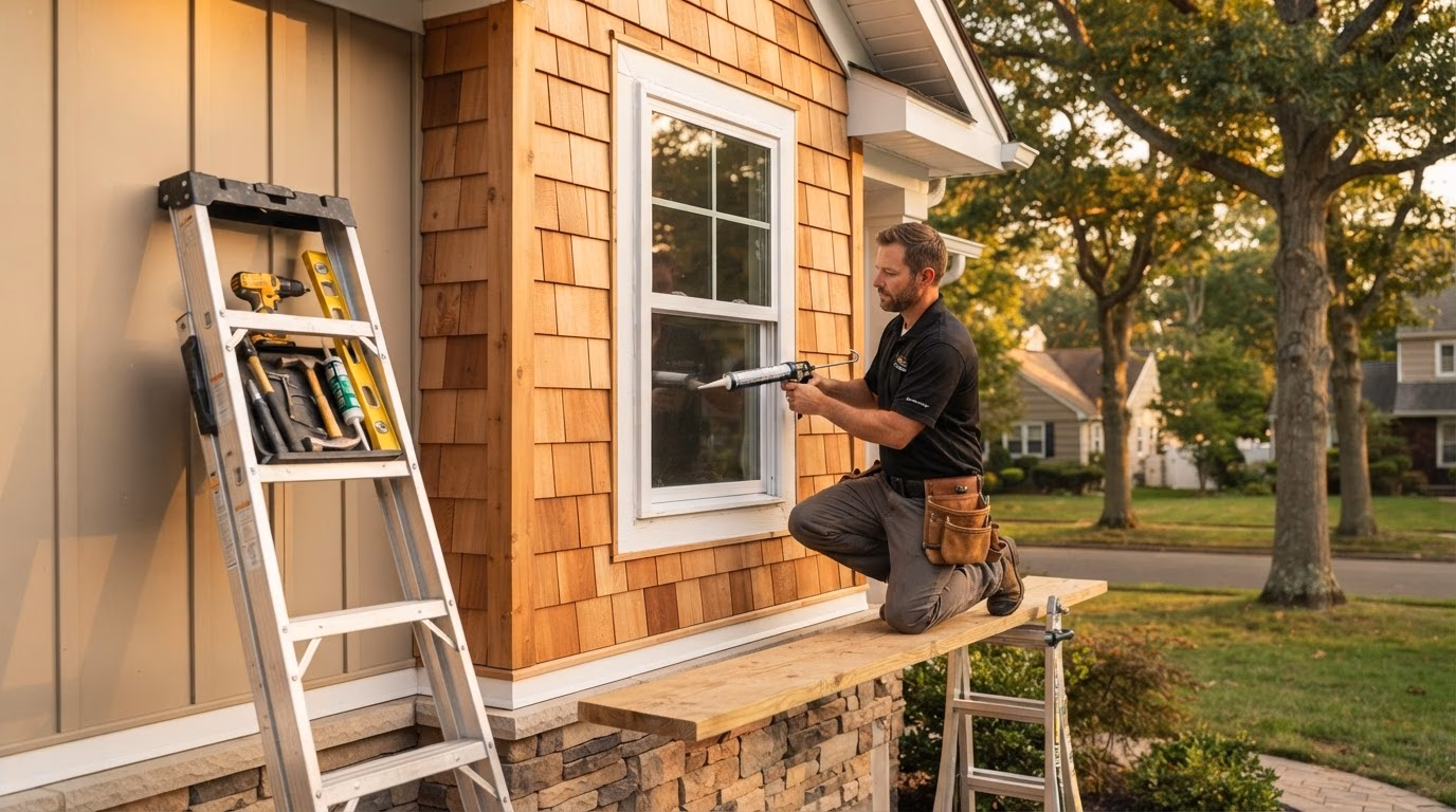 Installer replacing a window on an Ocean Township NJ home