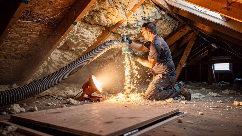 Blown-in insulation being installed in a New Jersey attic