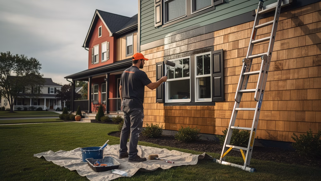 Painters coating wood siding on a two-story New Jersey home