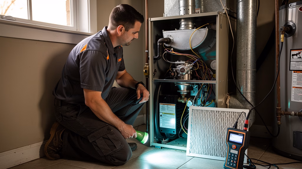Technician inspecting a gas furnace in a New Jersey utility closet