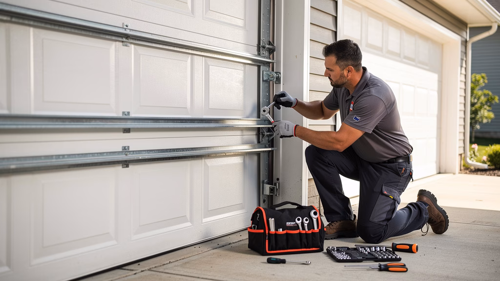 Technician repairing a residential garage door spring and track